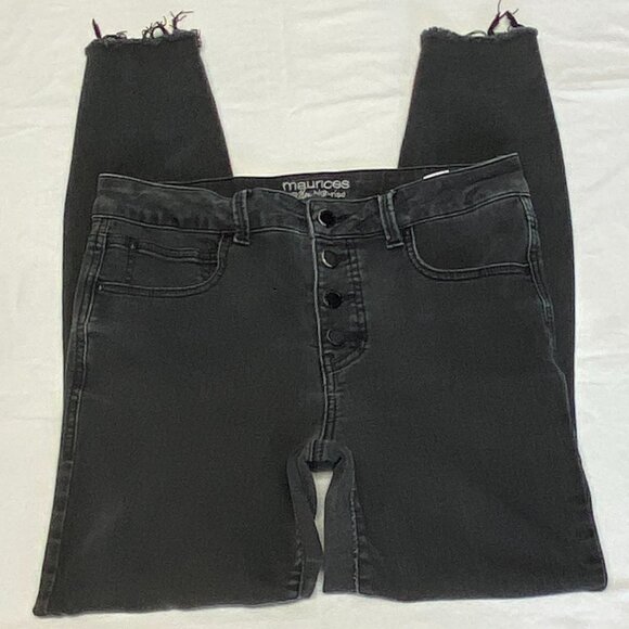 Maurices Everflex High Rise Skinny Button Fly Distressed Black Jeans 8 Raw Hem - Picture 7 of 13